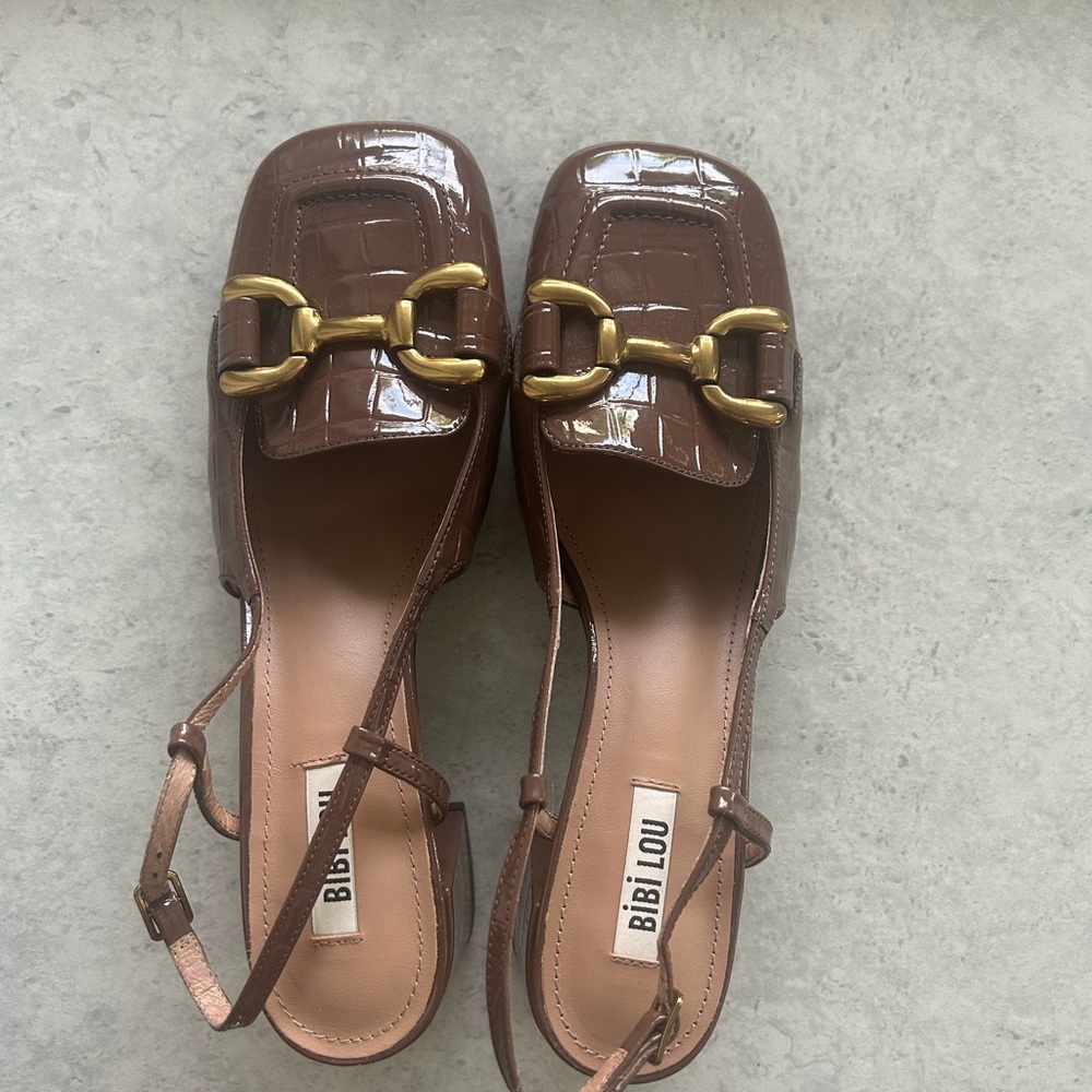 Bibi Lou Brown Patent Leather Slingback Sandals with Gold Bit